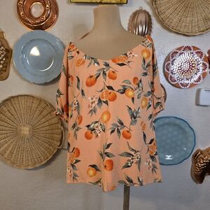 LOFT Orange Citrus Print Crinkle Fabric Off Shoulder Top